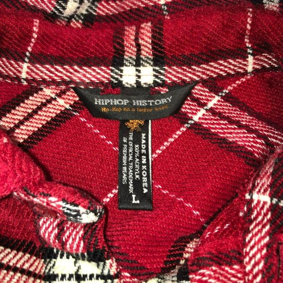 RED PLAID DISTRESSED FLANNEL SHIRT SZ L HIP HOP HISTORY GRUNGE STREETWEAR MENS - Picture 3 of 6